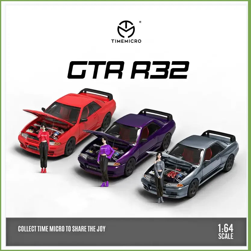 TIME MICRO 1:64 Nissan GTR32 Midnight Purple/Metallic Silver/Metallic Red with Opened Hood Diecast Model Car