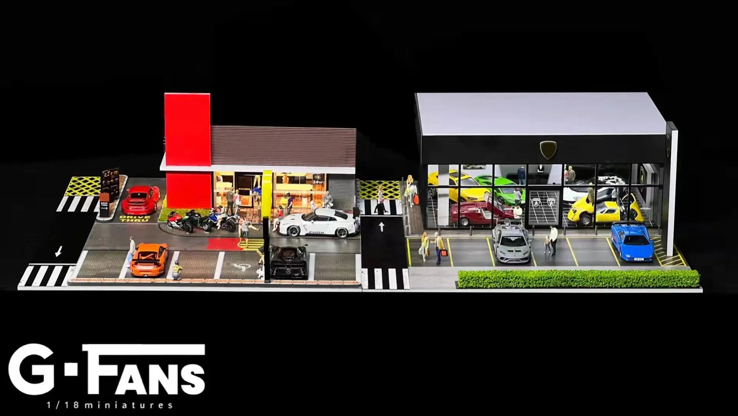G FANS Diorama 1/64 Car Garage Model LED Lighting City Street View Building Backdrop Display Scene Model Car Parking Lot Scenery