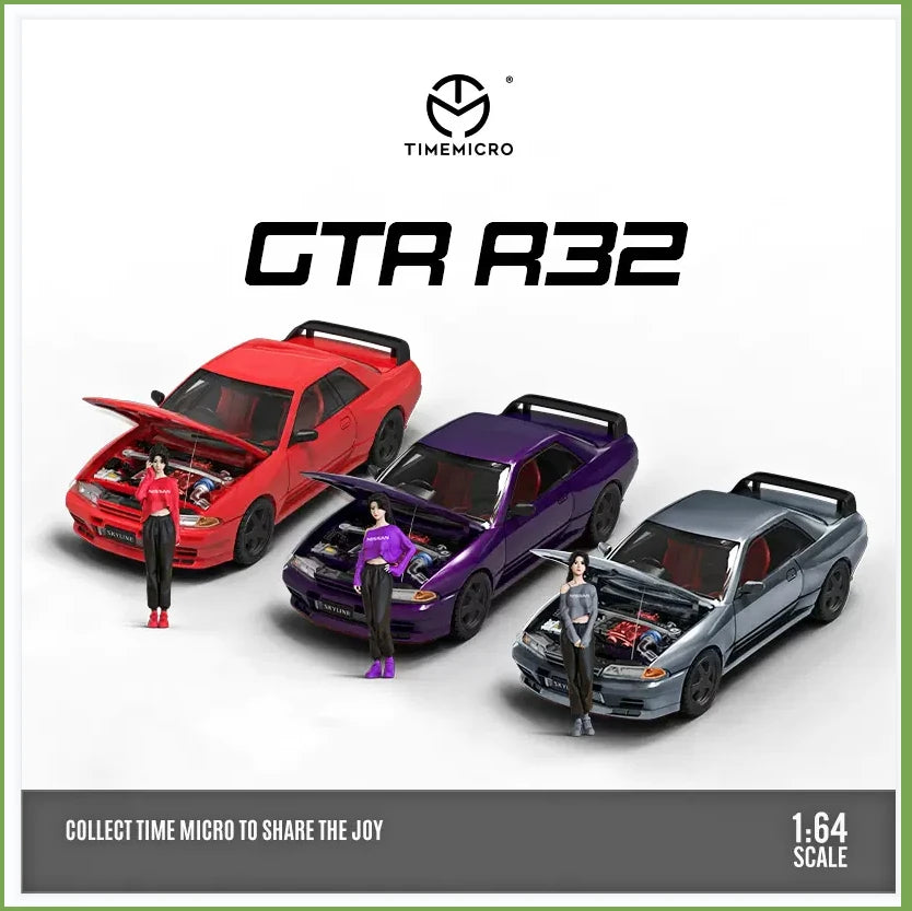 TIME MICRO 1:64 Nissan Gtr32 Midnight Purple/Metallic Silver/Metallic Red Open Cover Limited Edition Diecast Model