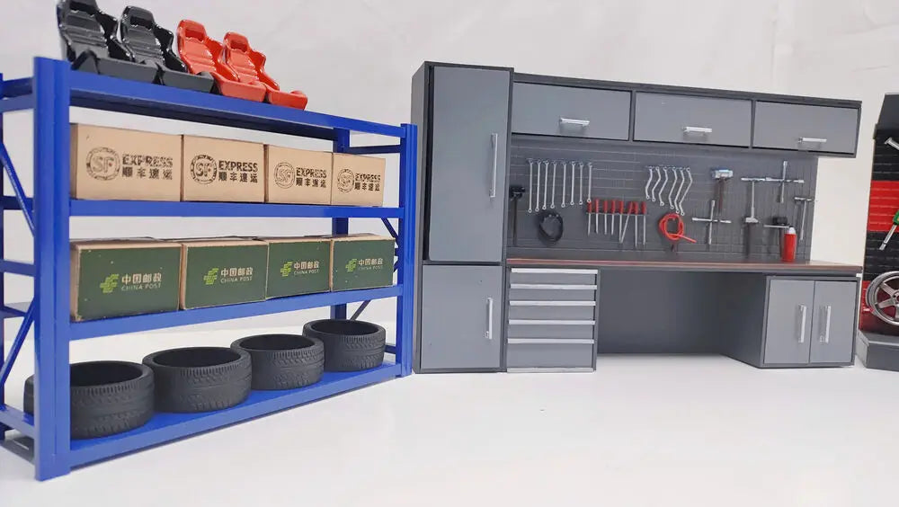 1/18 Scale Diorama Car Garage Model Car Repair Maintenance Tools Model Backdrop Display