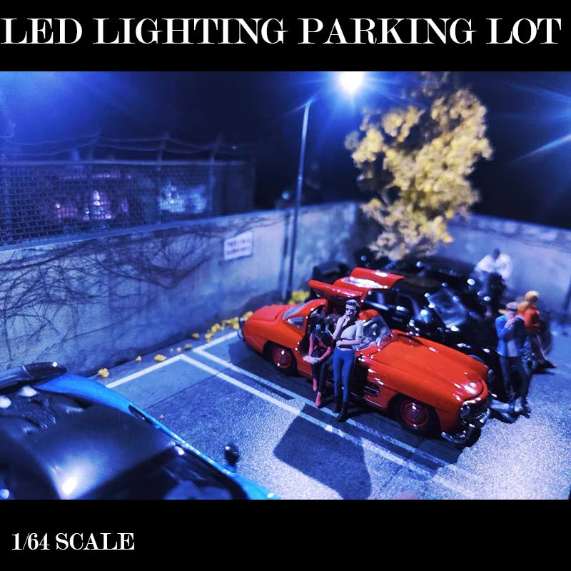 Diorama 1/64 LED Lighting Parking Lot Display Garage with Acrylic Cover Model Car Collection Display
