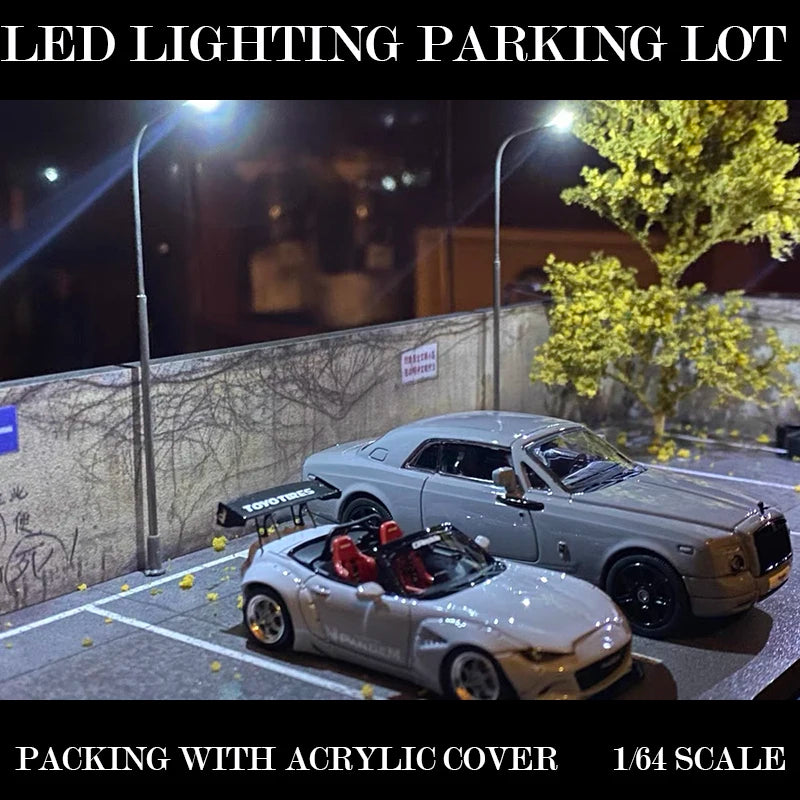 Diorama 1/64 LED Lighting Parking Lot Display Garage with Acrylic Cover Model Car Collection Display