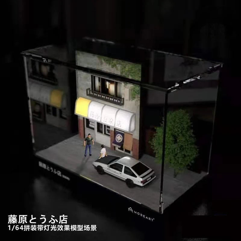 1:64 Diorama Car Garage Model LED Lighting Japanese City Tofu Shop Street View With Acrylic Cover Figures Model