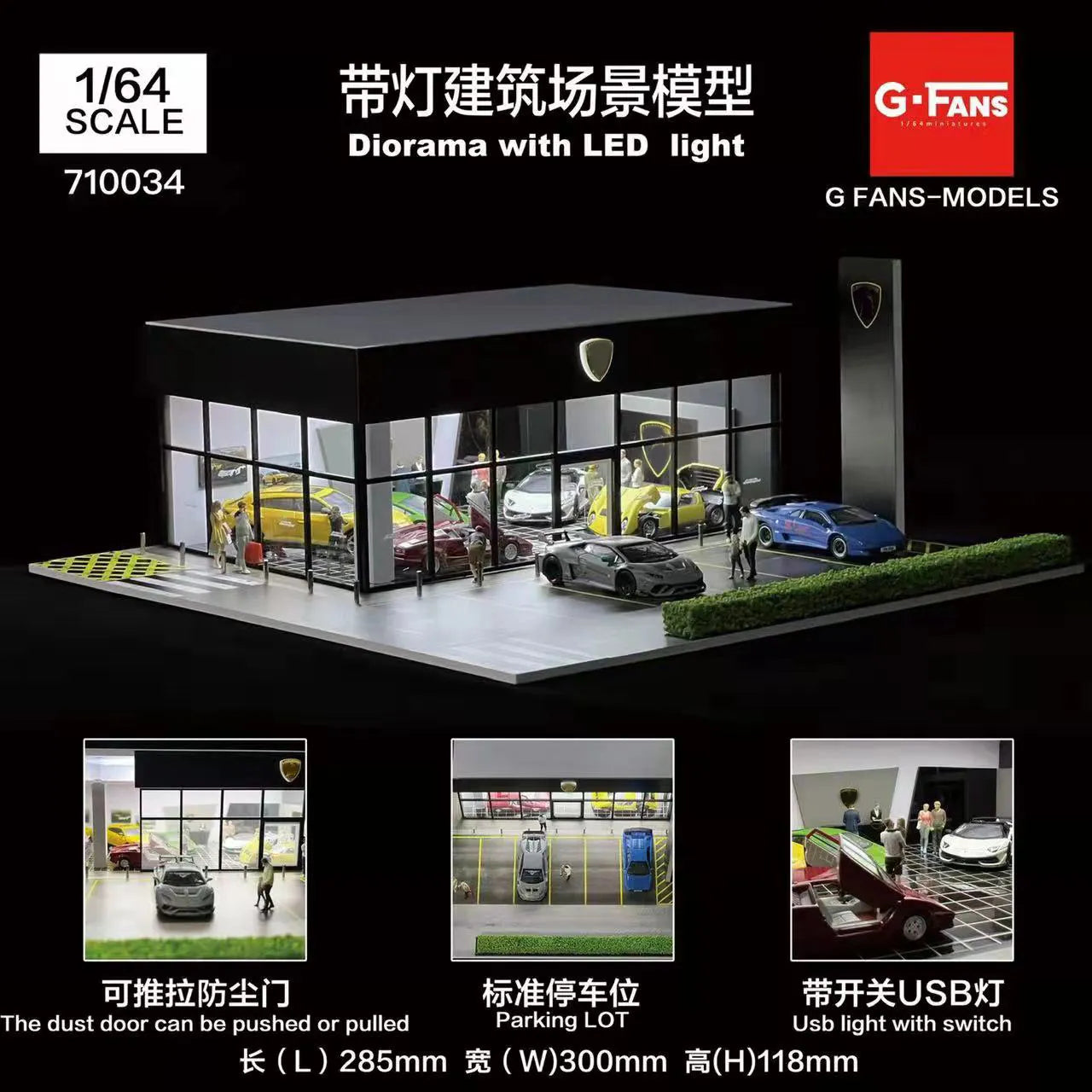 G FANS Diorama 1/64 Car Garage Model LED Lighting City Street View Building Backdrop Display Scene Model Car Parking Lot Scenery