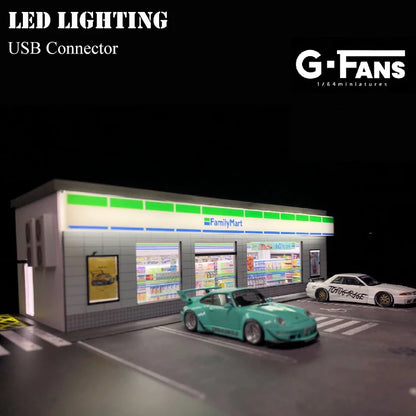 G-FANS Diorama 1:64 LED Lighting Store with Vehicle Parking Lot Display Model Car Collection USB Connector