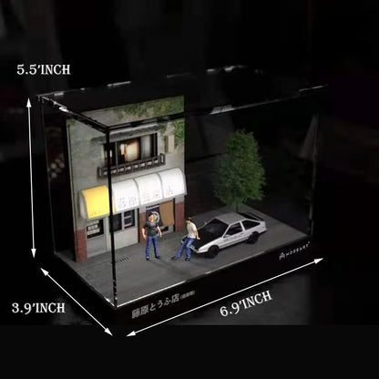 1:64 Diorama Car Garage Model LED Lighting Japanese City Tofu Shop Street View With Acrylic Cover Figures Model