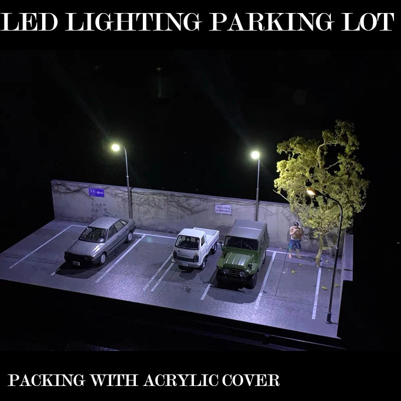 Diorama 1/64 LED Lighting Parking Lot Display Garage with Acrylic Cover Model Car Collection Display