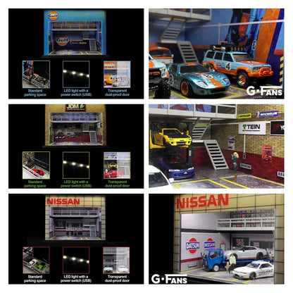 G-fans 1:64 Nissan JDM Gulf Assembly Diorama with LED Light Double-Deck Garage
