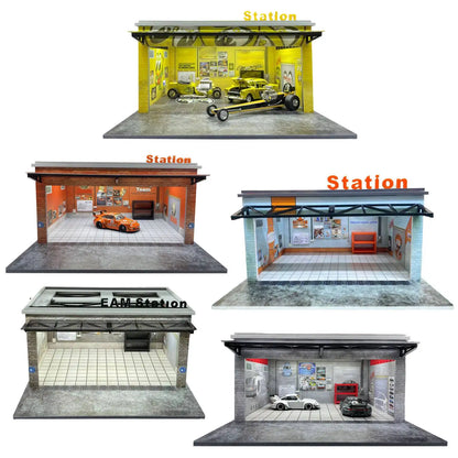 New Assemble Diorama 1:64 LED Lighting Garage Model Car Parking Station