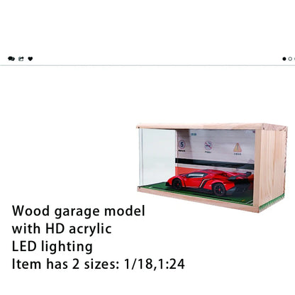1:24 Diorama 1/18 Garage Scene Parking Lots with Light Model Car Solid Wood Dust Cover