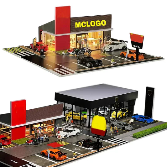 Diorama 1/64 Car Garage Model LED Lighting City Street View Building