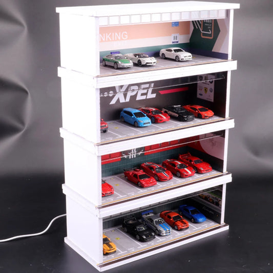 Xufan 1/64 Car Garage Diorama Miniatures Models Building Scene Model with Lights 1:64 Diorama Building Scene Model Parking Lot