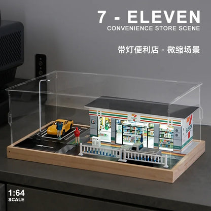 1/64 Simulation Convenience Store Street View Car Model Parking Lot Model Scene Solid Wood Display Box With Lights Diorama