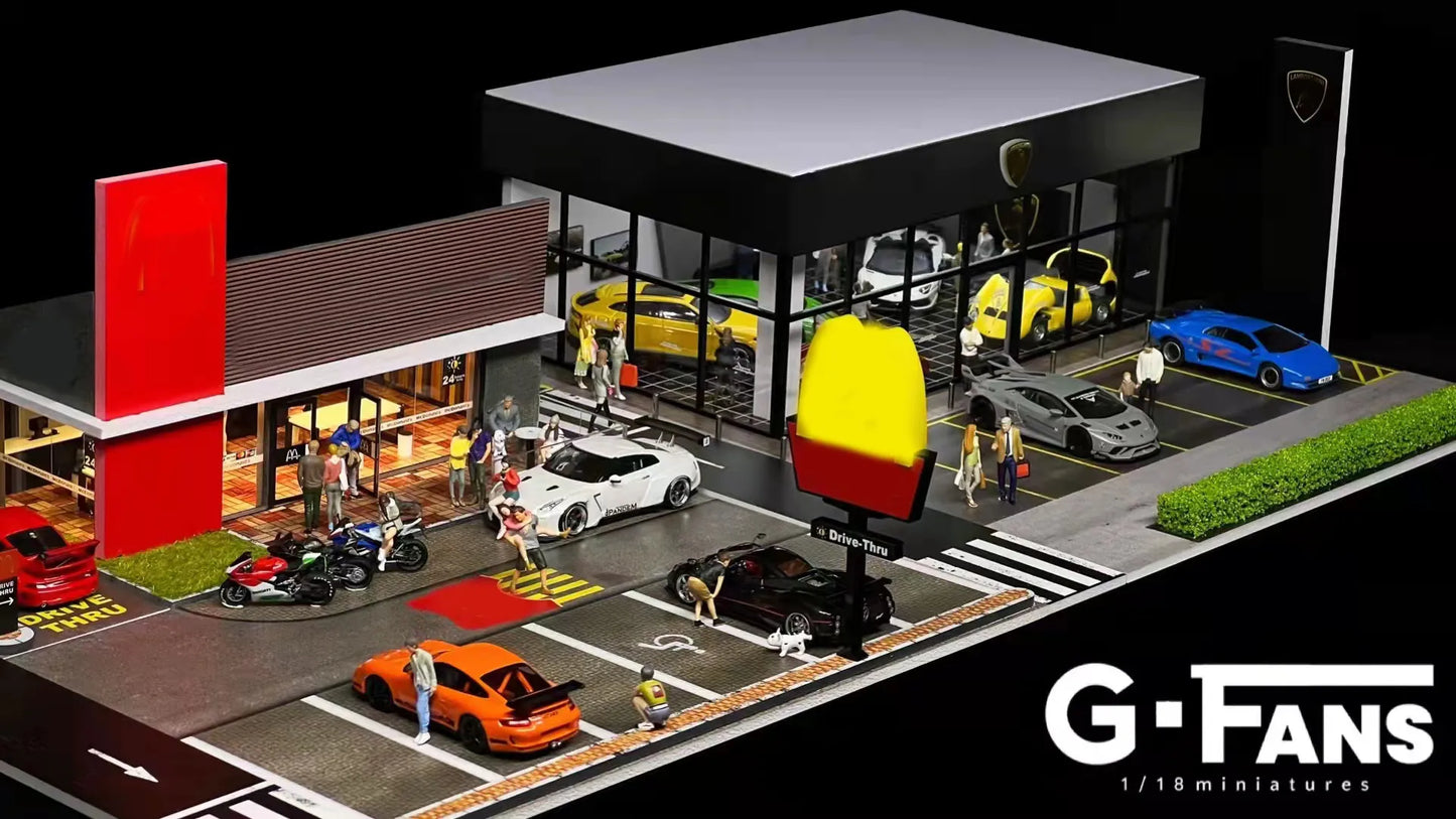 G FANS Diorama 1/64 Car Garage Model LED Lighting City Street View Building Backdrop Display Scene Model Car Parking Lot Scenery