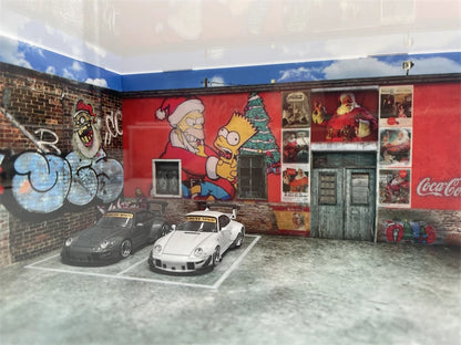 1:64 Diorama Backstreet Plaza /Christmas graffiti /Old Factory Warehouse RWB Parking lot Diorama