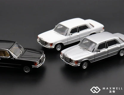 MaxWell 1:64 1976 S 450SEL W116 Silver / White / Black limited699 Diecast Model Car