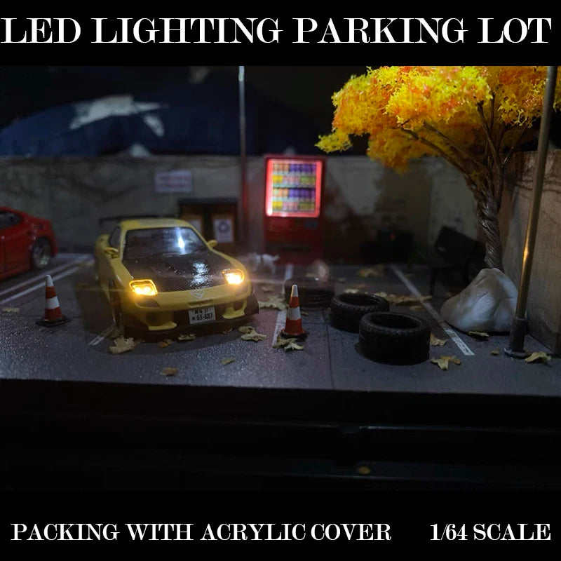 Diorama 1/64 LED Lighting Parking Lot Display Garage with Acrylic Cover Model Car Collection Display
