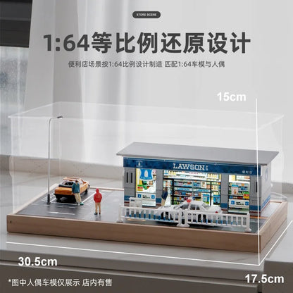 1/64 Simulation Convenience Store Street View Car Model Parking Lot Model Scene Solid Wood Display Box With Lights Diorama