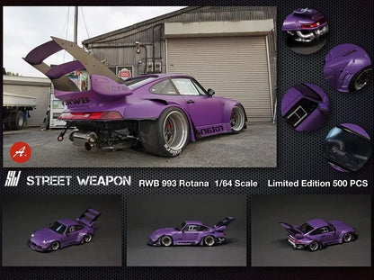 Street Weapon 1:64 RWB 993 Rotana GT wing  / double wing Purple Diecast Model Car