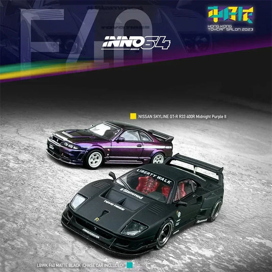 INNO 1:64 NISSAN SKYLINE 2000 GT-R (R33) NISMO 400R LBWK F40 Matte Black HK Toycar Salon 2023 Diecast Model